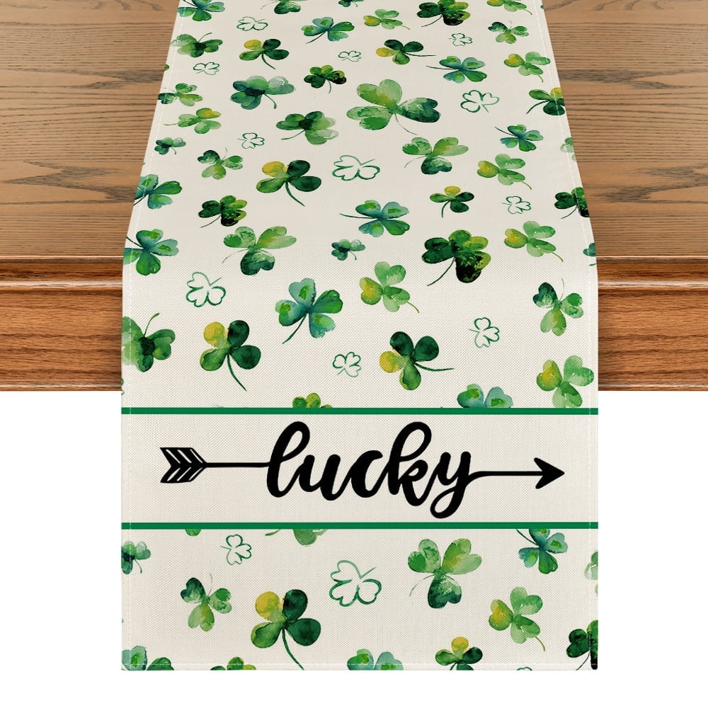 Sm:)e Shamrock Lucky St. Patrick's Day Table Runner 13 x 60 Inch, Home Kitchen Seasonal Decoration Holiday Table Decor