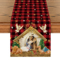 Sm:)e Red Plaid Jesus Nativity Christmas Table Runner 13 x 72 Inch Farmhouse Table Decor, Universal for Indoor Outdoor Kitchen, Home & Party Decoration