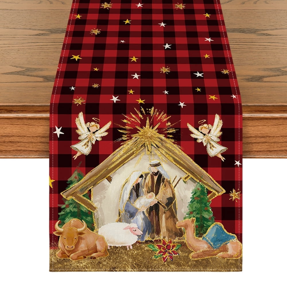 Sm:)e Red Plaid Jesus Nativity Christmas Table Runner 13 x 72 Inch Farmhouse Table Decor, Universal for Indoor Outdoor Kitchen, Home & Party Decoration