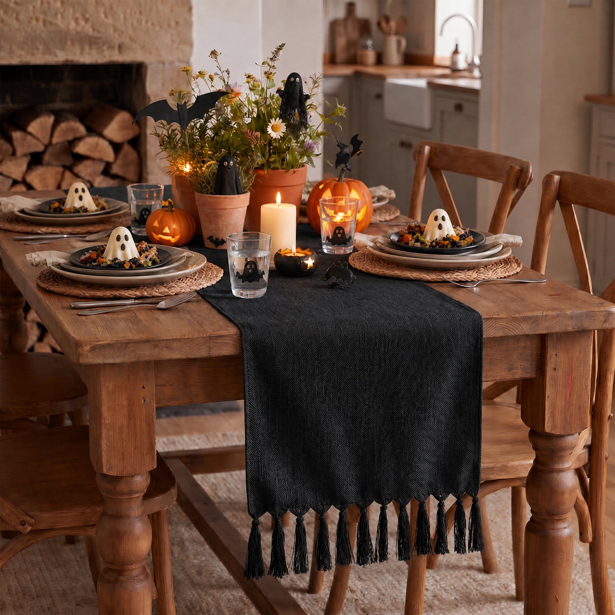 Sm:)e Black Tassel Table Runner, 13x48 Inch, Boho Linen Blend Rustic Farmhouse Style, Holiday Wedding Party Kitchen Table Decor