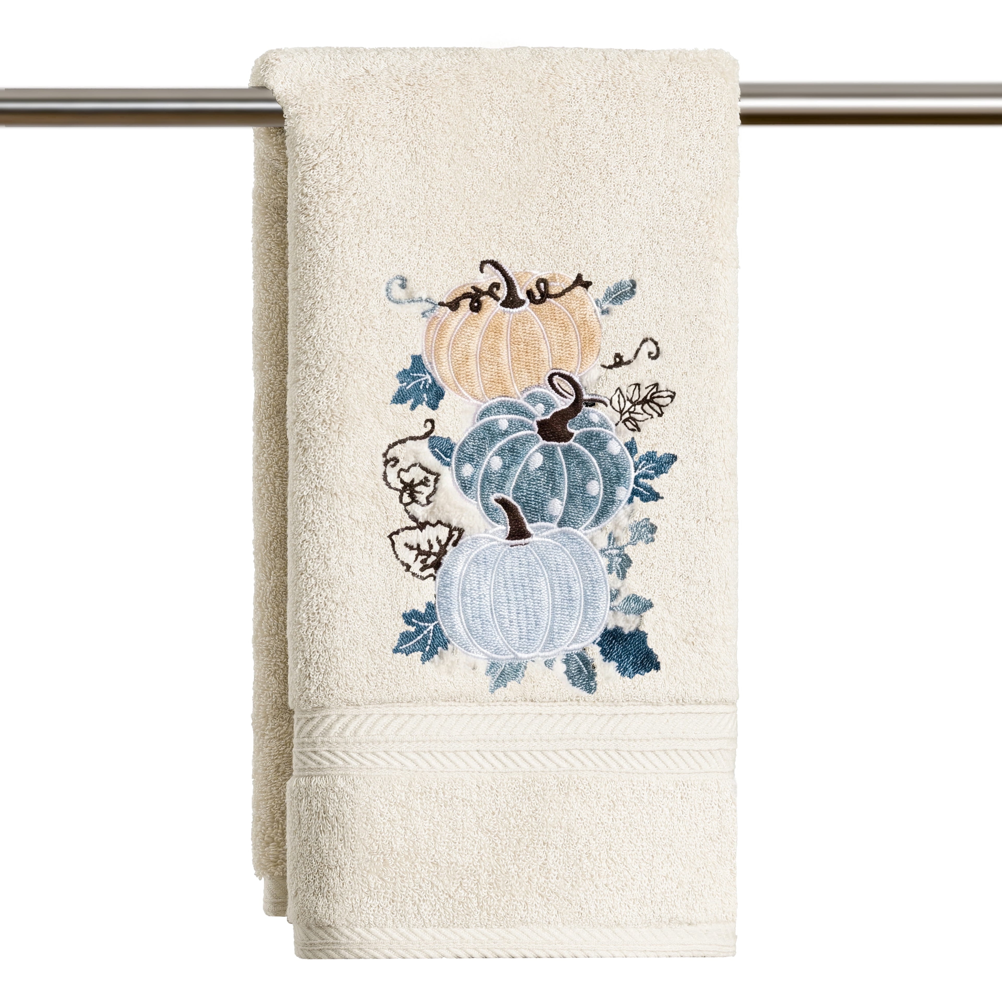 Sm:)e 1 Pc Multi Stacked Blue Pumpkin Maple Leaf Vine Embroidered Fall Hand Towel, 100% Cotton Absorbent Kitchen Cleaning Towel, 18 x 26 Inch