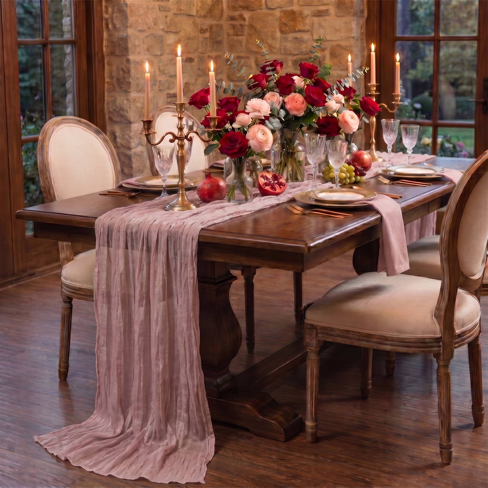 Sm:)e Boho Dusty Pink Gauze Cheesecloth Table Runner 35x120 Inch, Multi-Purpose Decor for Kitchen Dining Wedding Holiday Party