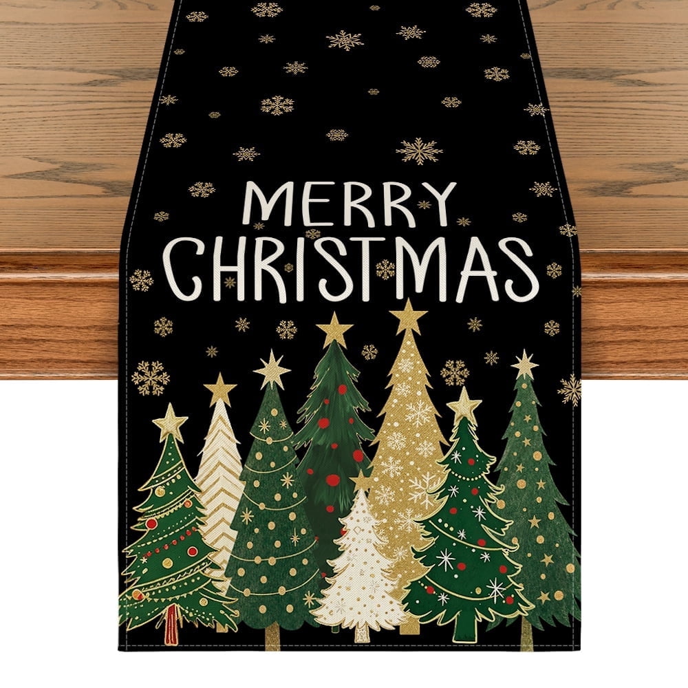 Sm:)e Black Red White Tree & Snowflake Pattern Black Christmas Table Runner , 13 x 72 Inches Farmhouse Table Decor, Universal for Indoor Outdoor Kitchen, Home & Party Decoration