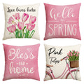 Sm:)e Hello Love Pink Tulips Flowers Bicycle Spring Throw Pillow Covers 18 x 18 Inch Mother's Day Outdoor Pillow Case for Sofa Couch Set of 4