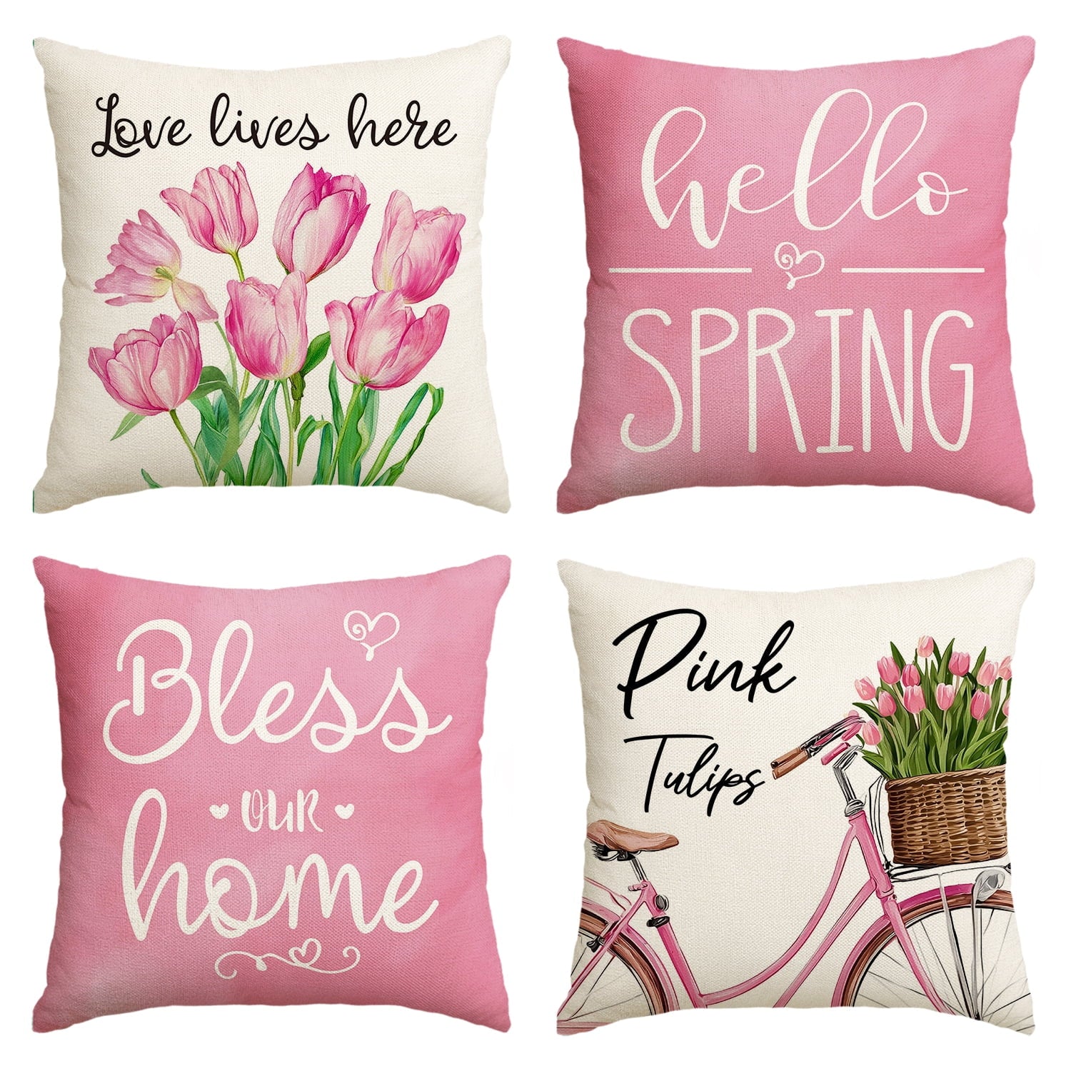 Sm:)e Hello Love Pink Tulips Flowers Bicycle Spring Throw Pillow Covers 18 x 18 Inch Mother's Day Outdoor Pillow Case for Sofa Couch Set of 4