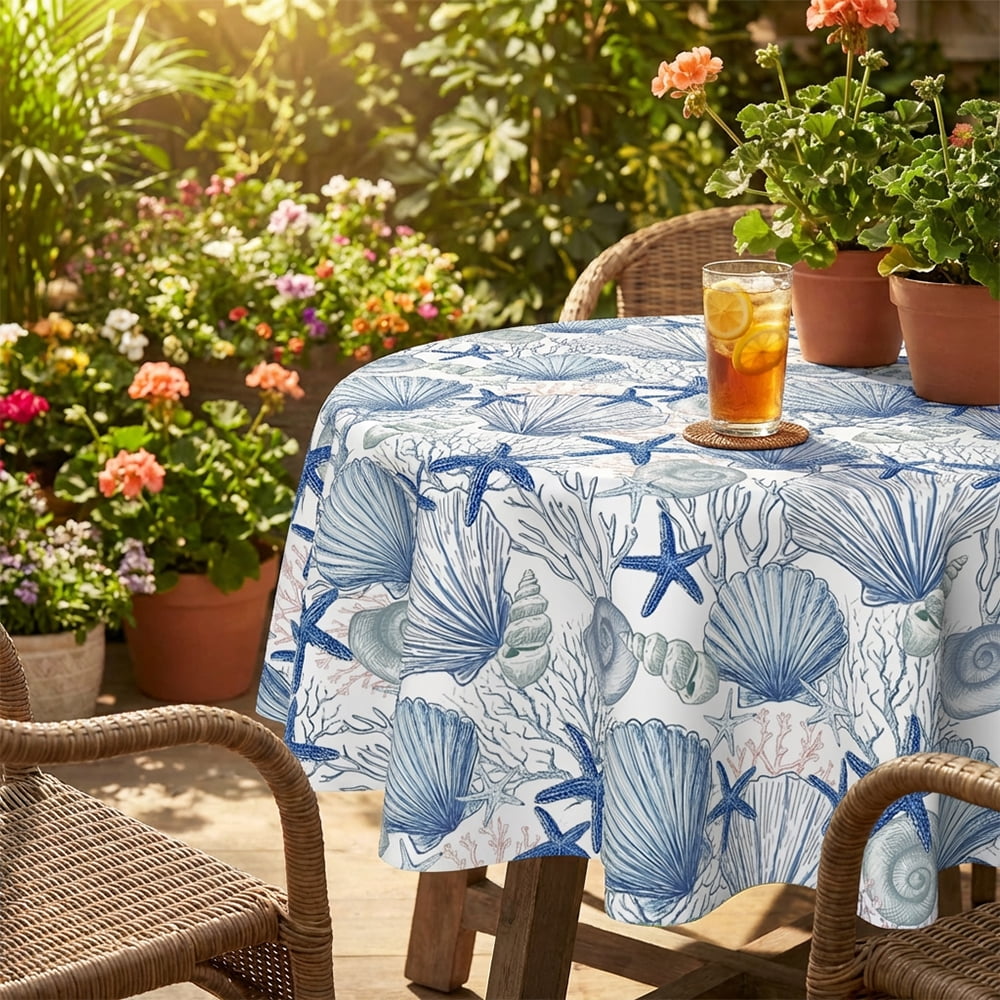 Sm:)e Summer Tablecloth Round 60 Inch, Marine Animals Starfish Conch Shells Corals Dining Table Decor