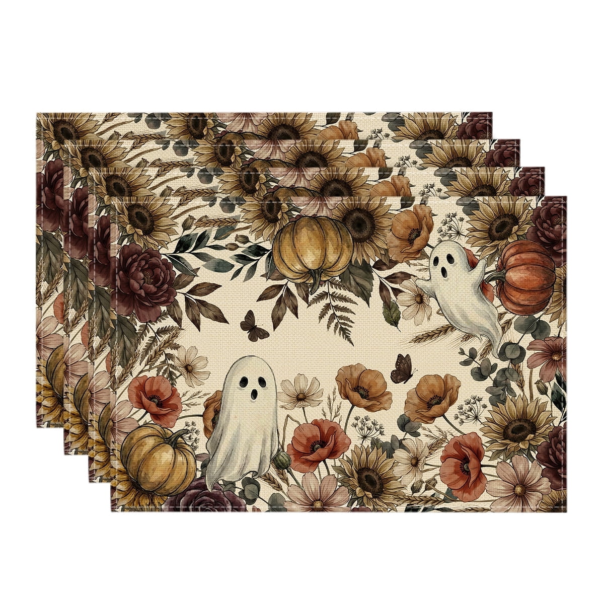 Sm:)e Jack-O'-Lantern Ghost Floral Halloween Placemats Set of 4, 12x18 Inch Holiday Table Mats for Indoor Outdoor Party Dining Decoration
