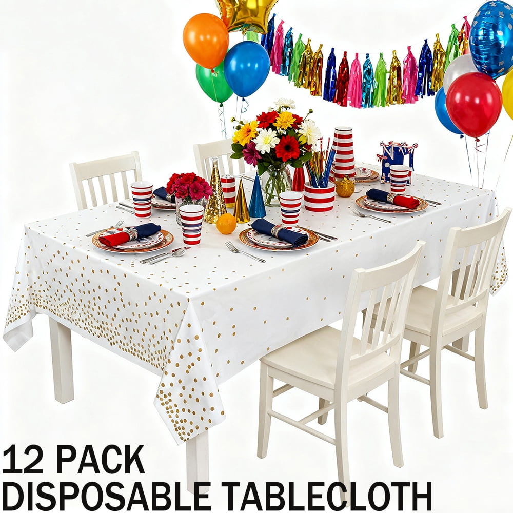 Plastic Table Cloth Disposable 12 Pack, 54 x 108 Inch, White, Black Dot, for Party Picnic Wedding