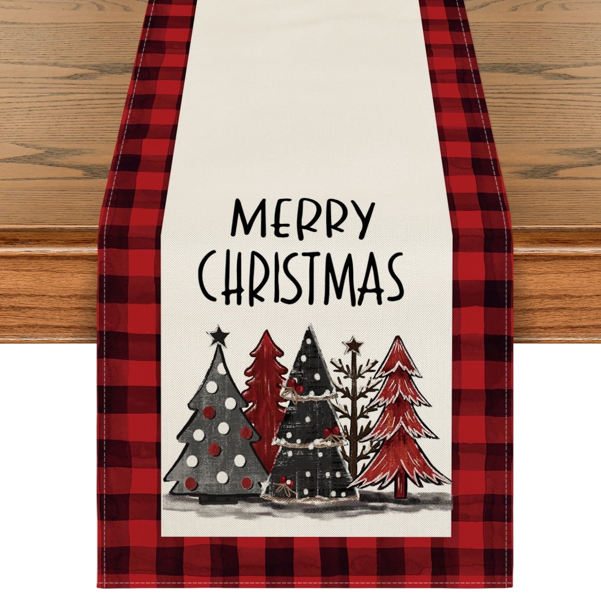 Smile Watercolor Red and Black Buffalo Plaid Christmas Trees Merry Xmas Table Runner 13 x 48 Inch