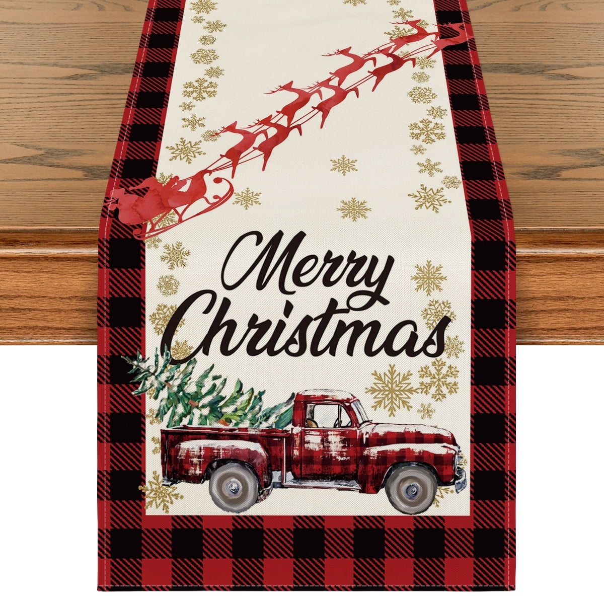 Sm:)e Winter Tree Truck Buffalo Check Plaid Christmas Table Runner 13 x 60 Inch