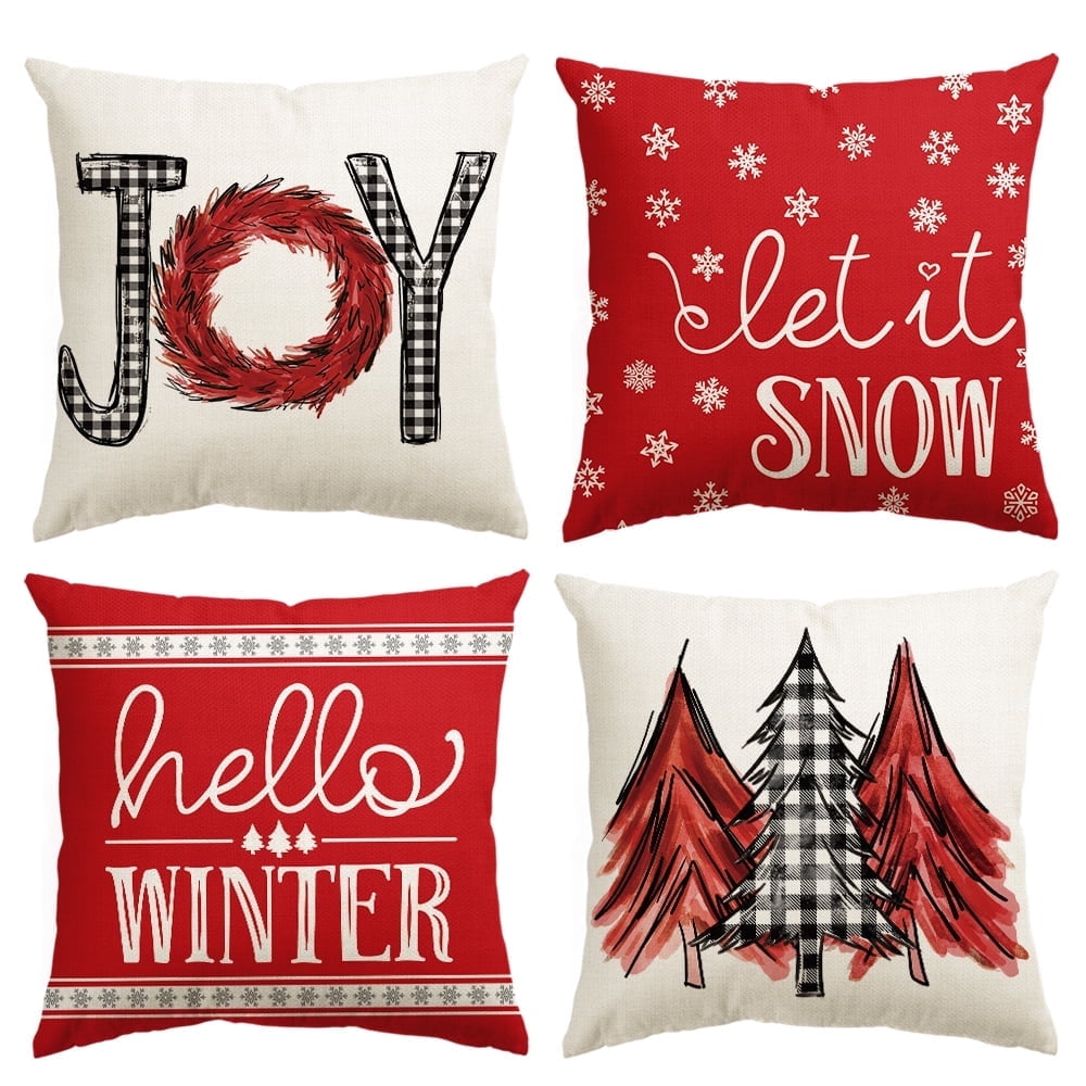 Sm:)e Merry Christmas Trees Mottos Red Throw Pillow Covers, 18 x 18 Inch Hello Winter Let it Snow Holiday Cushion Case Decoration for Sofa Couch Set of 4