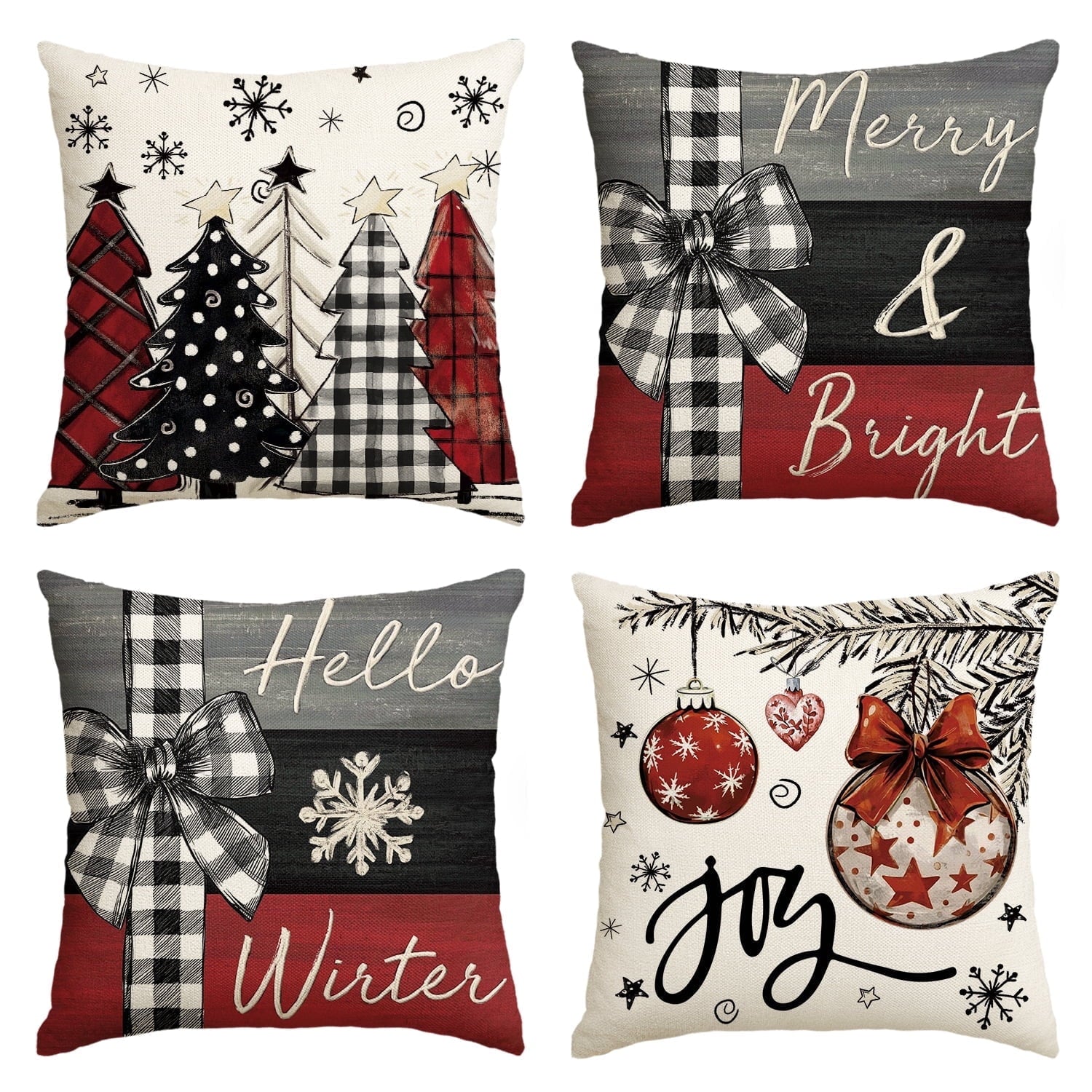 Sm:)e Merry Bright Hello Winter Christmas Trees Pillow Covers 18 x 18 Inch Set of 4, Xmas Holiday Outdoor Cushion Case for Sofa Couch