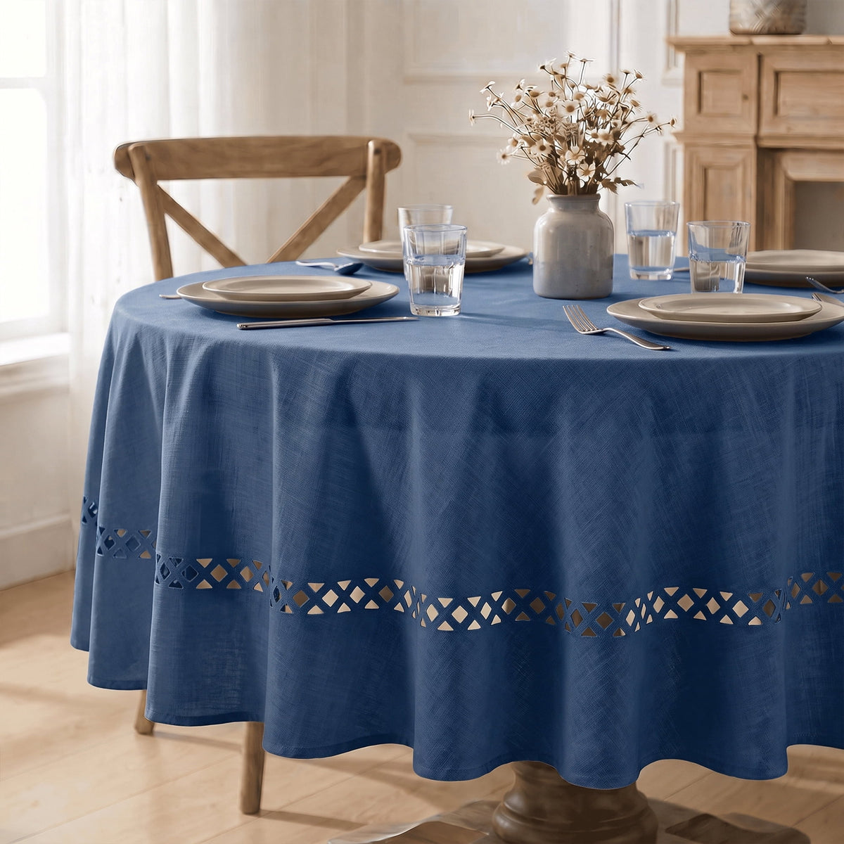 Sm:)e Fabric Openwork Farmhouse Style Linen Tablecloth, Round 60 Inch, with Decorative Cutouts, Navy Blue