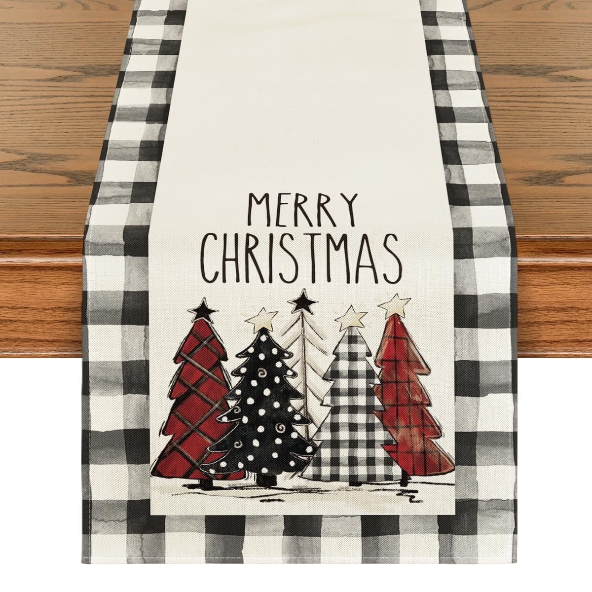 Smile Waterclor Buffalo Plaid Christmas Trees Merry Xmas Table Runner, Seasonal Winter Holiday Kitchen Dining Table Decoration for Indoor Outdoor Home Party Decor 13 x 48 Inch