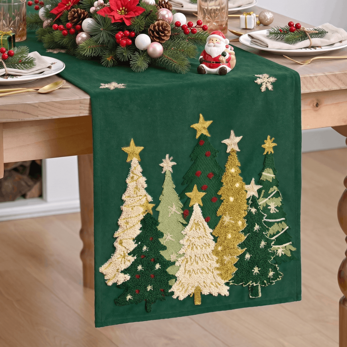 Sm:)e Green and Gold Christmas Tree Soft Chain&nbsp;Embroidery Christmas Table Runner, 13x72&nbsp;Inch, Seasonal Winter Christmas Kitchen Dining&nbsp;for Holiday Party Decor, Green