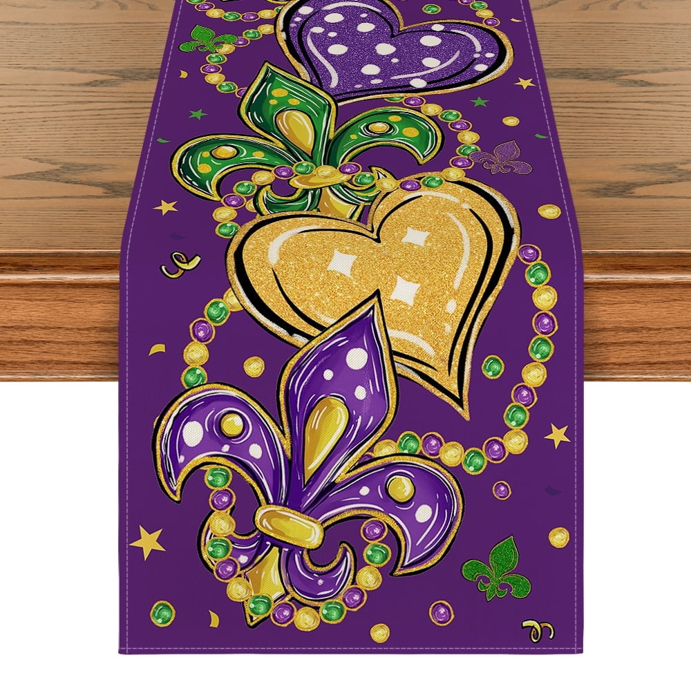 Smile Iris Mardi Gras Carnival Table Runner, Seasonal Holiday Kitchen Dining Table Decoration for Home Party Decor 13x72 Inch
