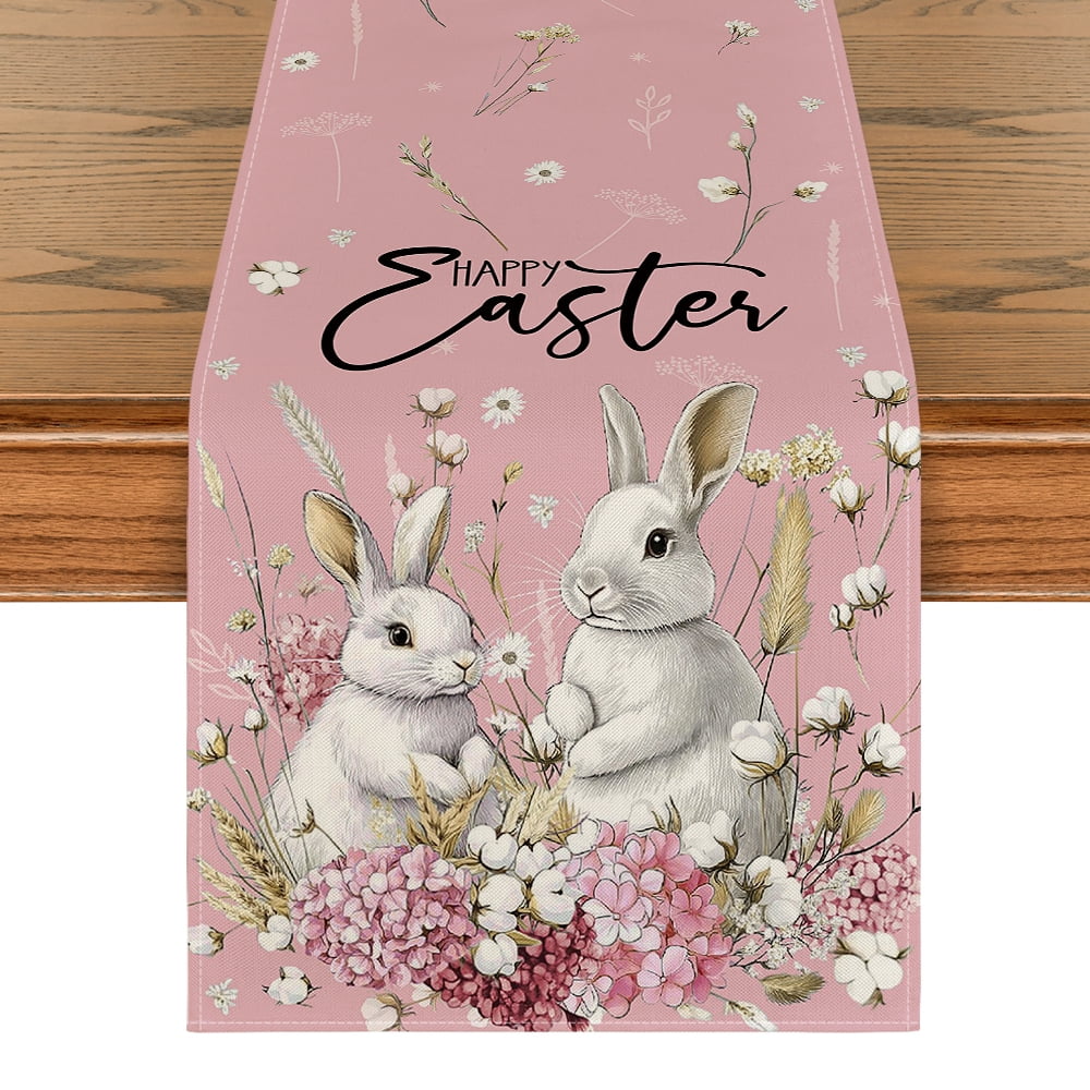 Sm:)e Hydrangea Easter Bunny Easte Table Runner 13x72 Inch ,Pink，Spring Easter Decoration Farmhouse Home Dining Room Kitchen Table Decor