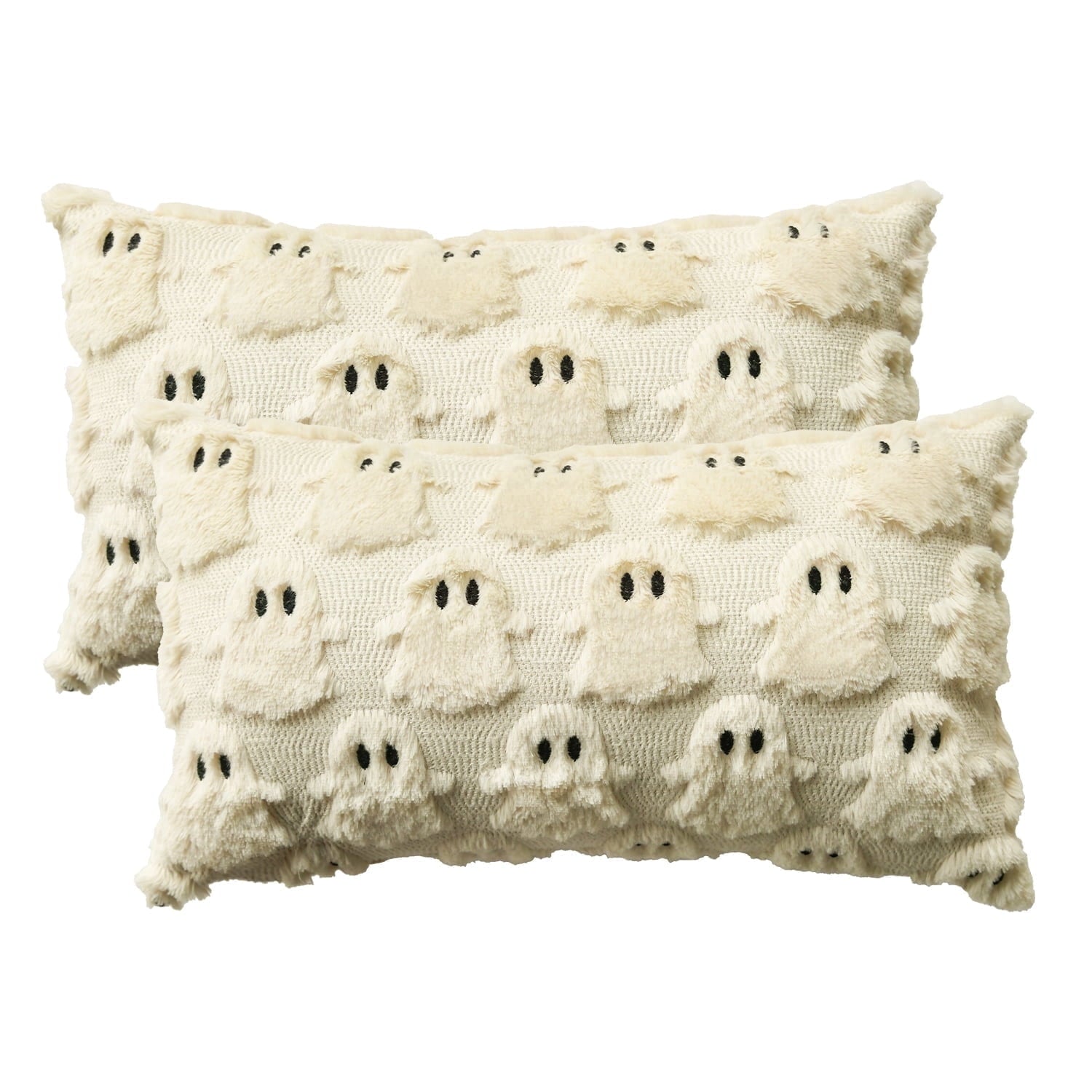 Sm:)e Halloween Goost Plush Faux Fur Jacquard Throw Pillow Cover 12x20 Inch Beige, Set of 2 Silky Soft Seasonal Cushion Case for Sofa Couch