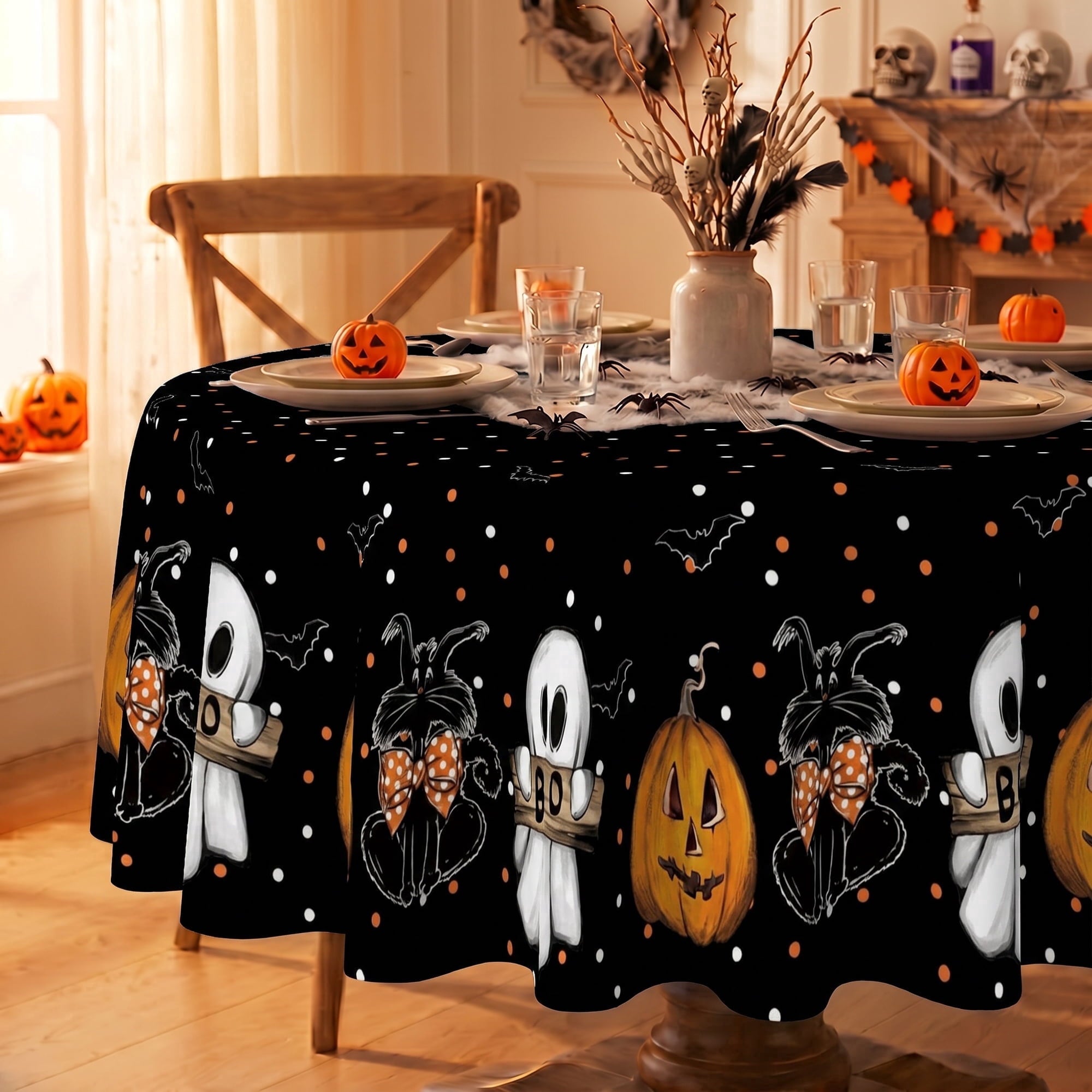 Sm:)e Ghost Cat Pumpkin Black Halloween Tablecloth Round 70 Inch,  Wrinkle-Resistant & Machine Washable Table Cover for Dining Decor, Rectangle