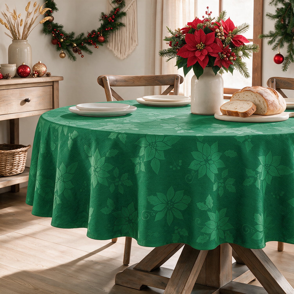 Sm:)e Yarn-Dyed Woven Monochrome Jacquard Poinsettia Christmas Tablecloth 60 Inch,Round,Green