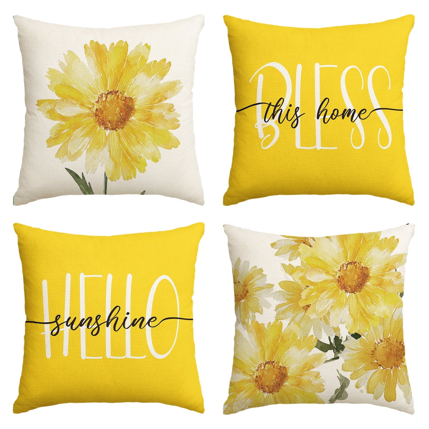 Sm:)e Bless Home Hello Sunshine Floral Spring Throw Pillow Covers Set of 4,18x18 Inch,Yellow