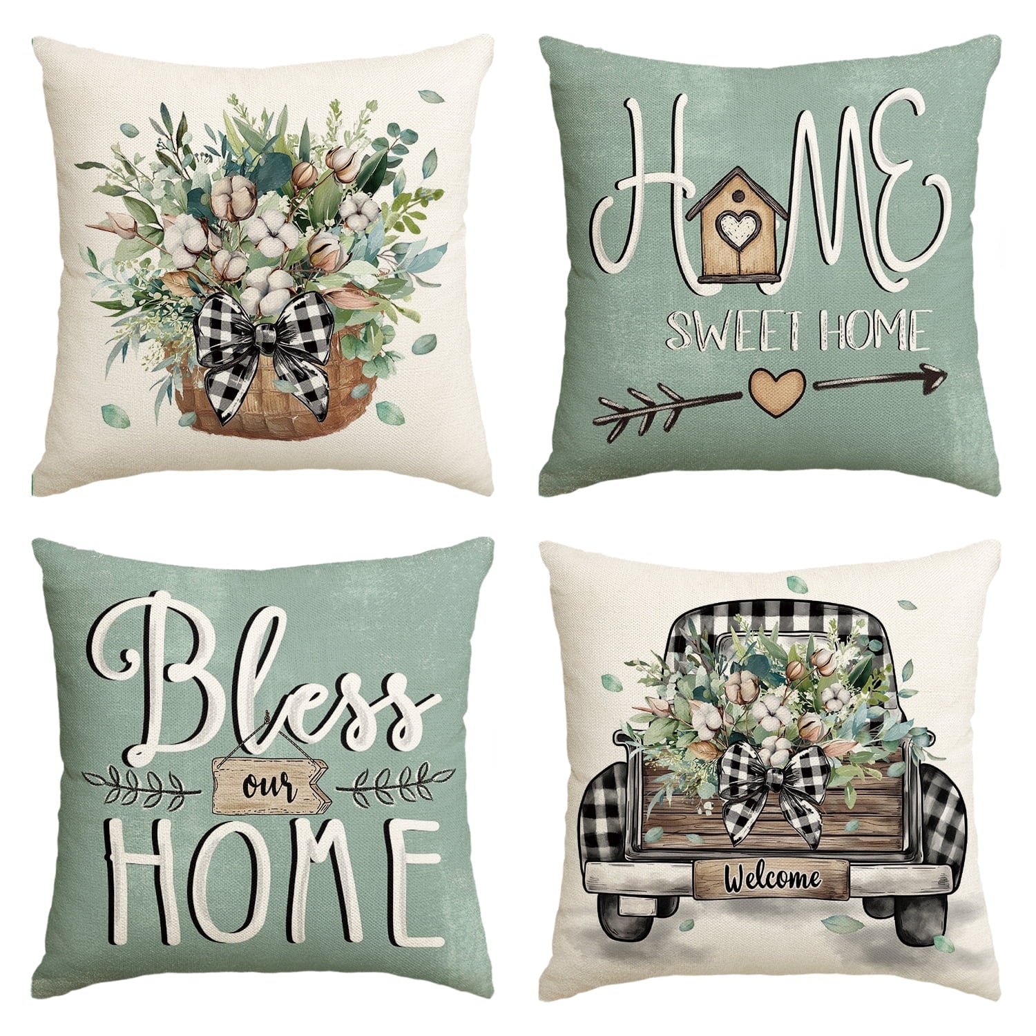 Sm:)e Welcome Truck Bless Our Home Watercolor Flowers Spring Throw Pillow Covers Set of 4,18x18 Inch