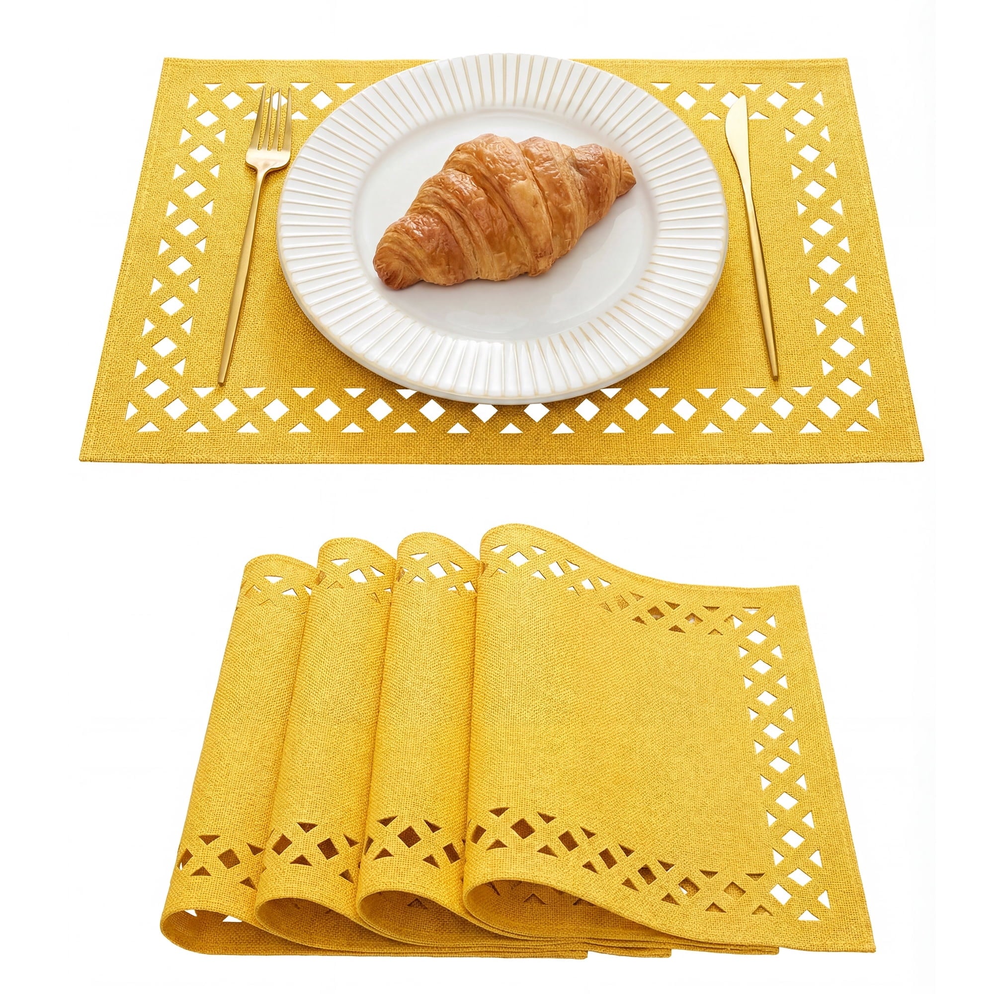 Sm:)e Hollow Out Laser Cut Yellow Placemats Set of 4, Seasonal Summer Washable Kitchen Dining Table Decoration for Home Party Decor 12x18 Inch