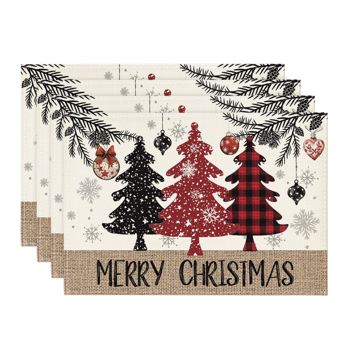 Smile Red Pine Trees Balls Merry Christmas Placemats Set of 4, 12x18 Inch Winter Xmas Table Mats