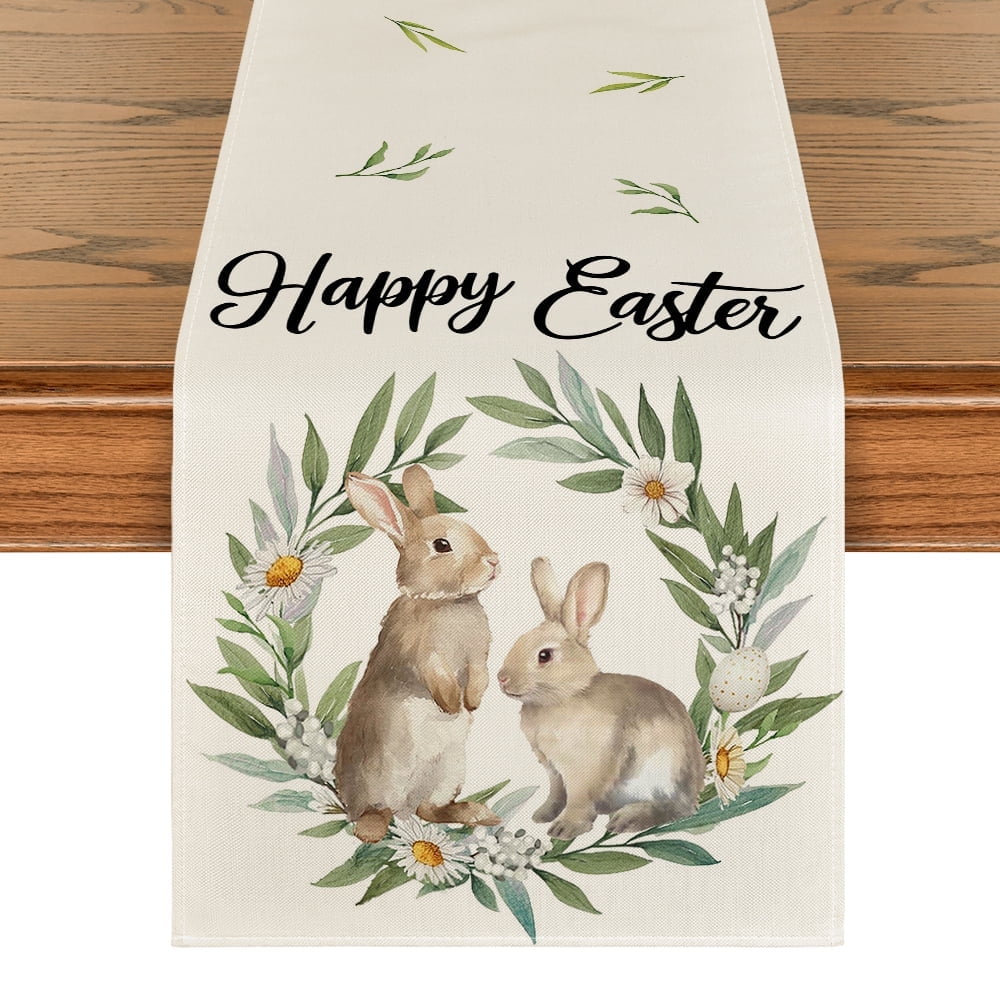 Sm:)e Easter Table Runner Bunny Olive Leaves Floral Spring Holiday Farmhouse Kitchen Indoor Outdoor Decoration 13 x 72 Inch