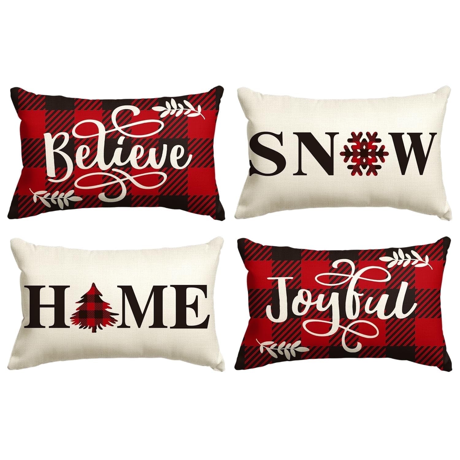 Sm:)e Buffalo Plaid Believe Christmas Throw Pillow Cover 12 x 20 Inch Set of 4