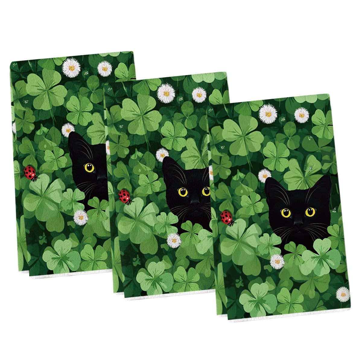 Sm:)e Black Cat Green Shamrock Saint Patricks Day Kitchen Dish Towels 18x26 Inch Set of 3