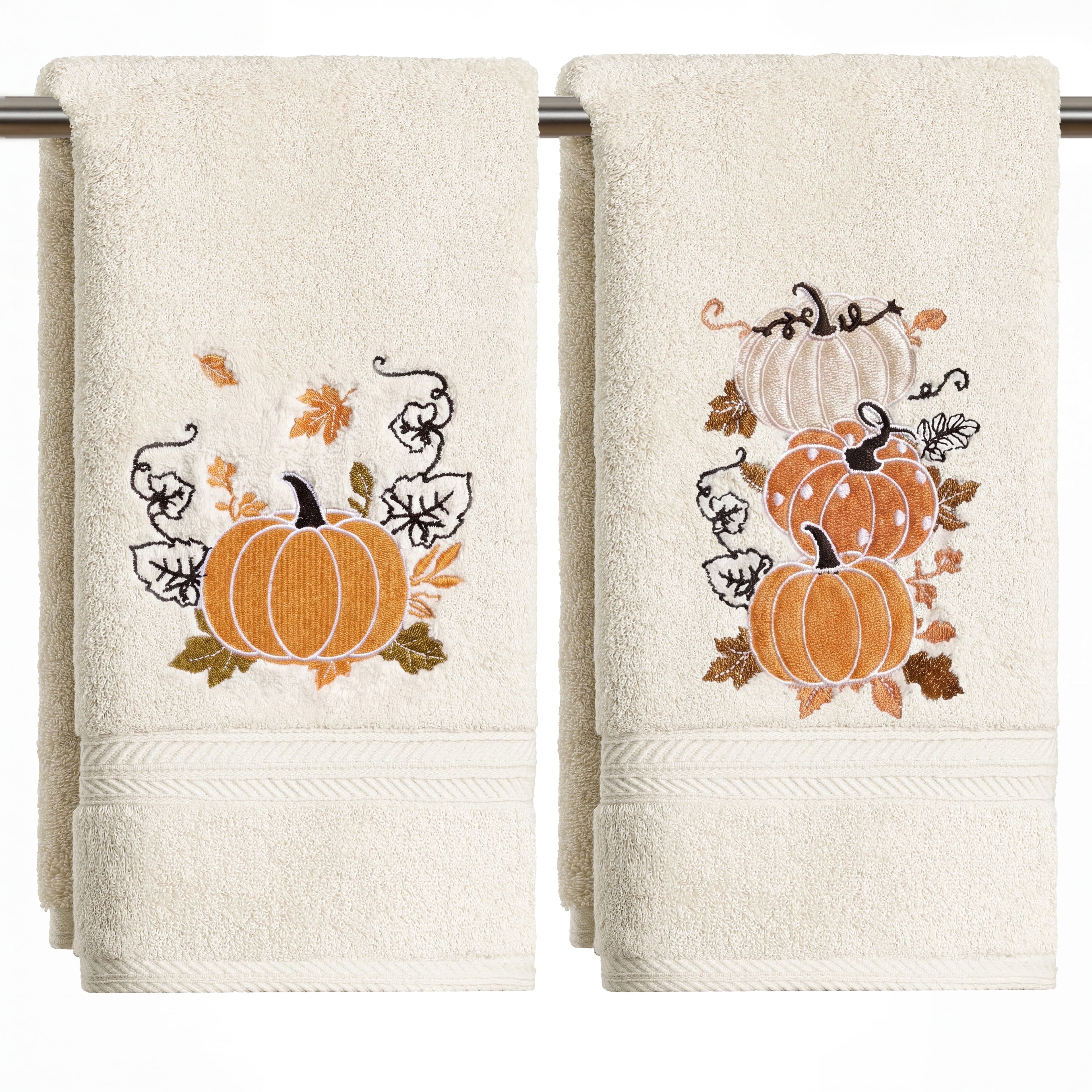 Sm:)e 2 Pcs Pumpkin Assortment Maple Leaves Swirl Vine Stitched Fall Hand Towels, 100% Cotton Soft Absorbent Household Hand Towels, 18 x 26 Inch