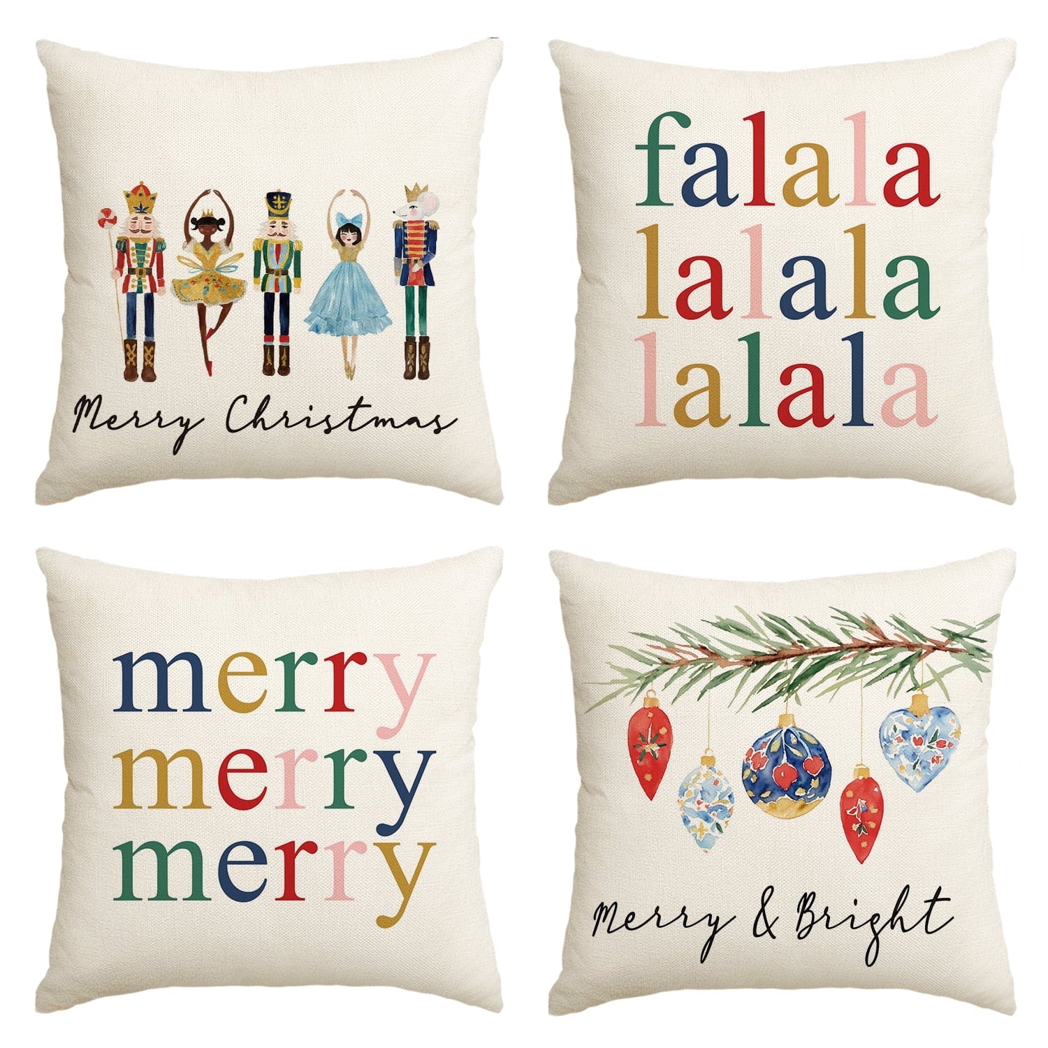Sm:)e Nutcracker Fa La La Merry Christmas Pillow Covers 18 x 18 Inch, Set of 4 Square Winter Xmas Decorative Farmhouse Outdoor Pillow Case