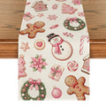 Sm:)e Pink Snowman & Gingerbread Man Christmas Table Runner 13 x 72 Inch Farmhouse Table Decor, Universal for Indoor Outdoor Kitchen, Home & Party Decoration
