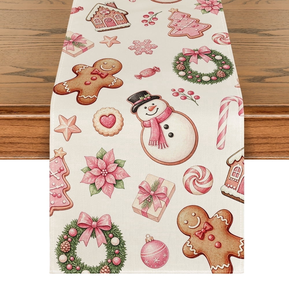 Sm:)e Pink Snowman & Gingerbread Man Christmas Table Runner 13 x 72 Inch Farmhouse Table Decor, Universal for Indoor Outdoor Kitchen, Home & Party Decoration