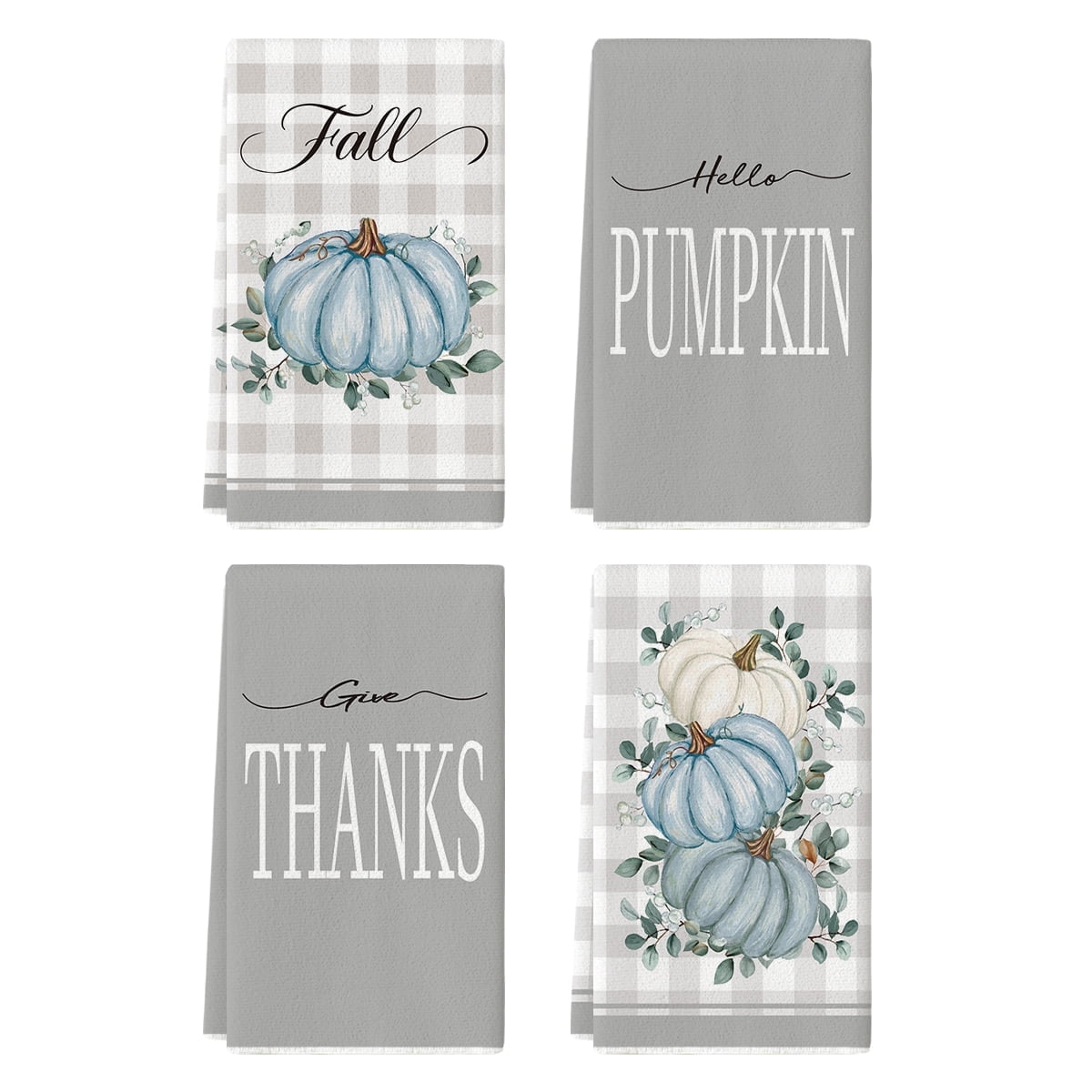 Sm:)e Buffalo Plaid Blue Pumpkin Give Thanks Eucalyptus Fall Thanksgiving Kitchen Dish Towels 18x26 Inch Set of 4