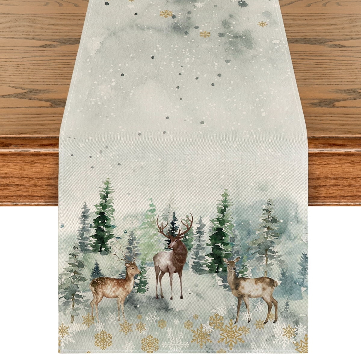 Sm:)e Watercolor Deer Trees Snowflakes Christmas Winter Table Runner 13 x 60 Inch