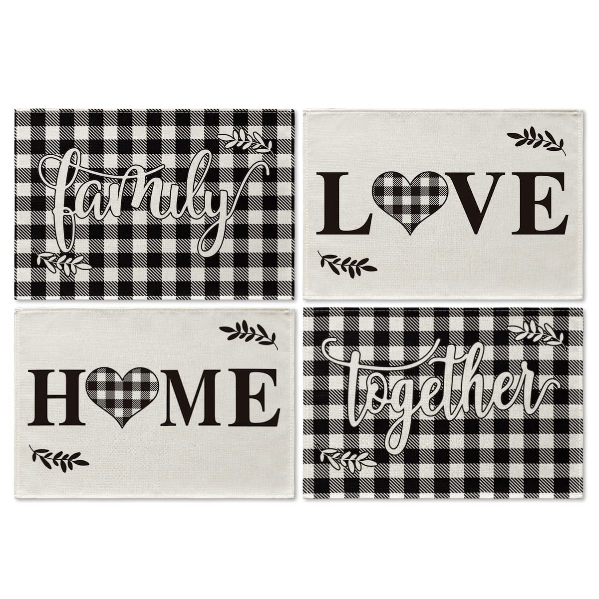 Smile Buffalo Check Plaid Placemats 12 x 18 Inch Set of 4, Black and Off White