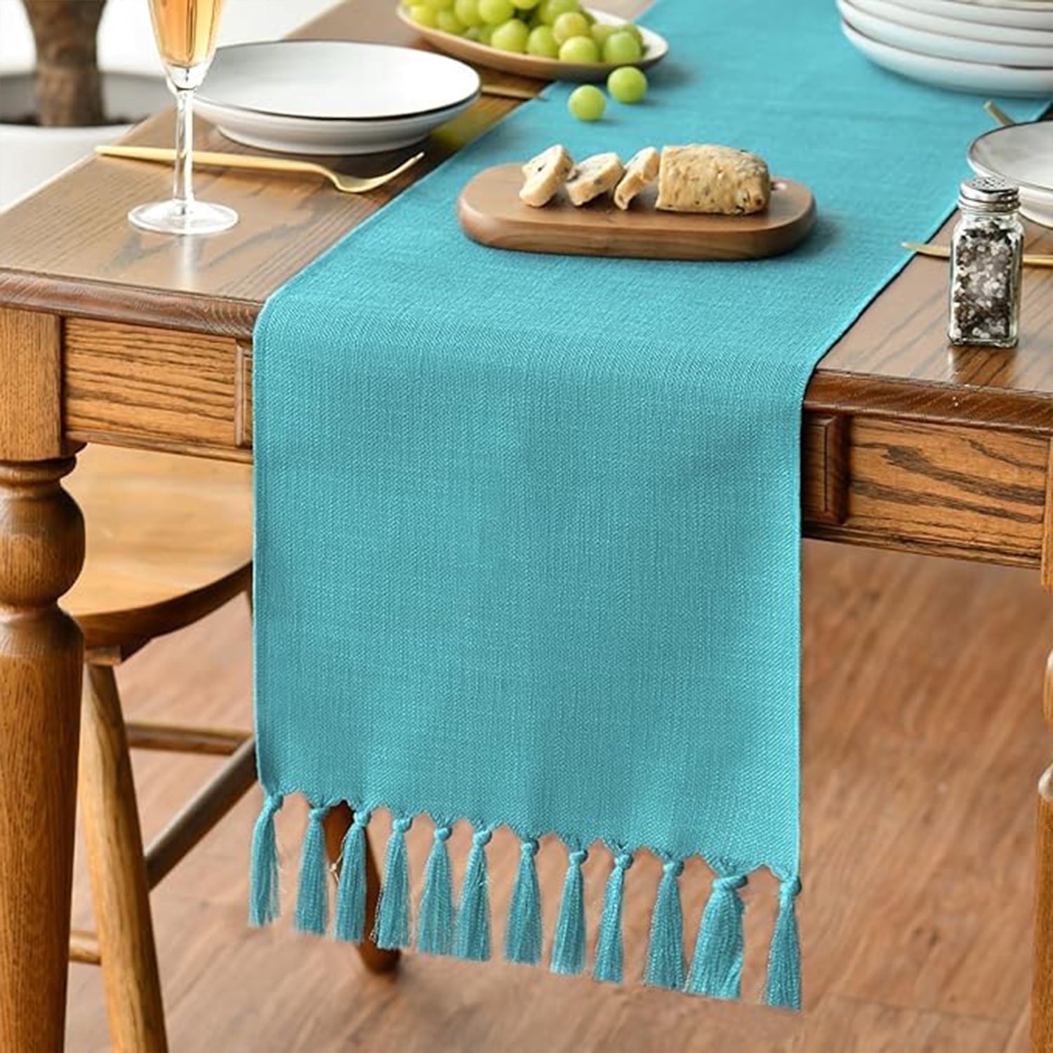 Sm:)e Teal Tassel Table Runner, 13x48 Inch, Boho Linen Blend Rustic Farmhouse Style, Holiday Wedding Party Kitchen Table Decor