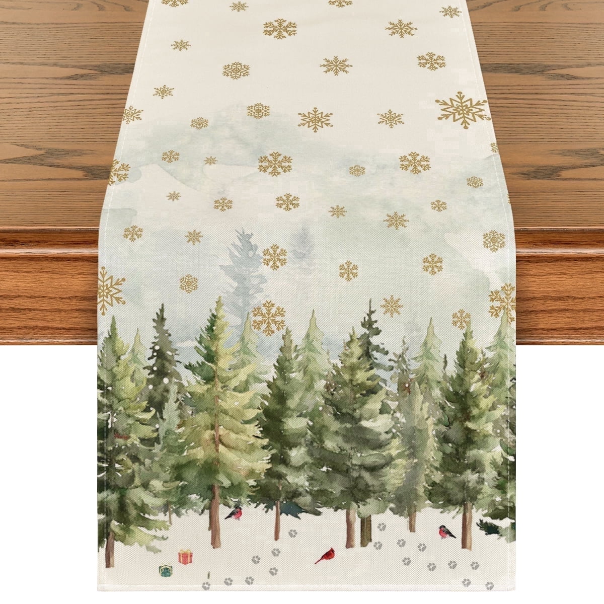 Sm:)e Xmas Trees Cardinals Snowflakes Gifts Christmas Table Runner, Seasonal Kitchen Dining Table Decoration for Outdoor Home Party 13x90 Inch