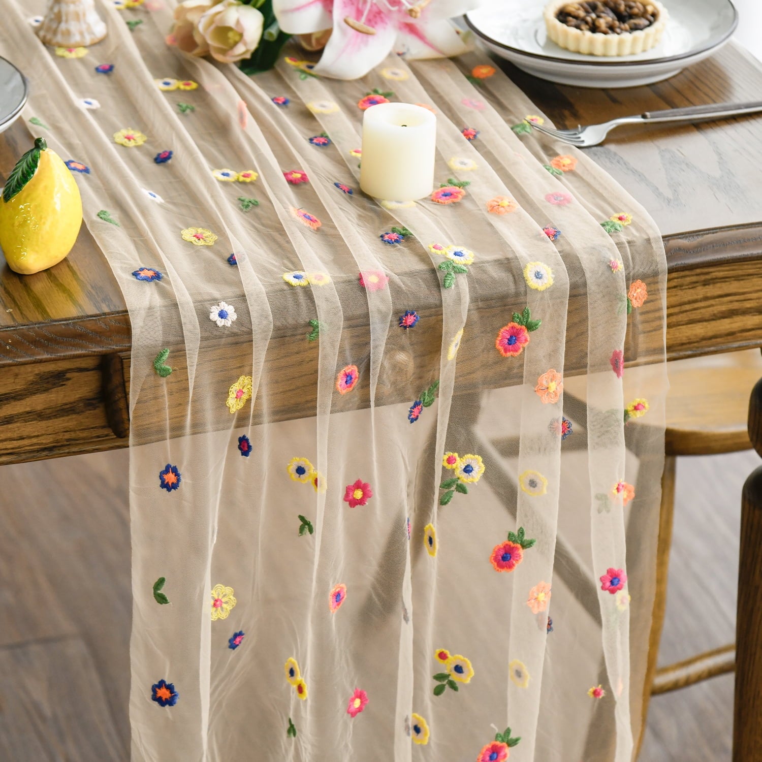 Sm:)e 3PC Champagne Embroidered Daisy Gauze Table Runner 120 Inches (10 Feet), Seasonal Sheer Decor for Kitchen & Dining Spaces, Ideal for Holidays, Weddings, Birthdays & Home Parties