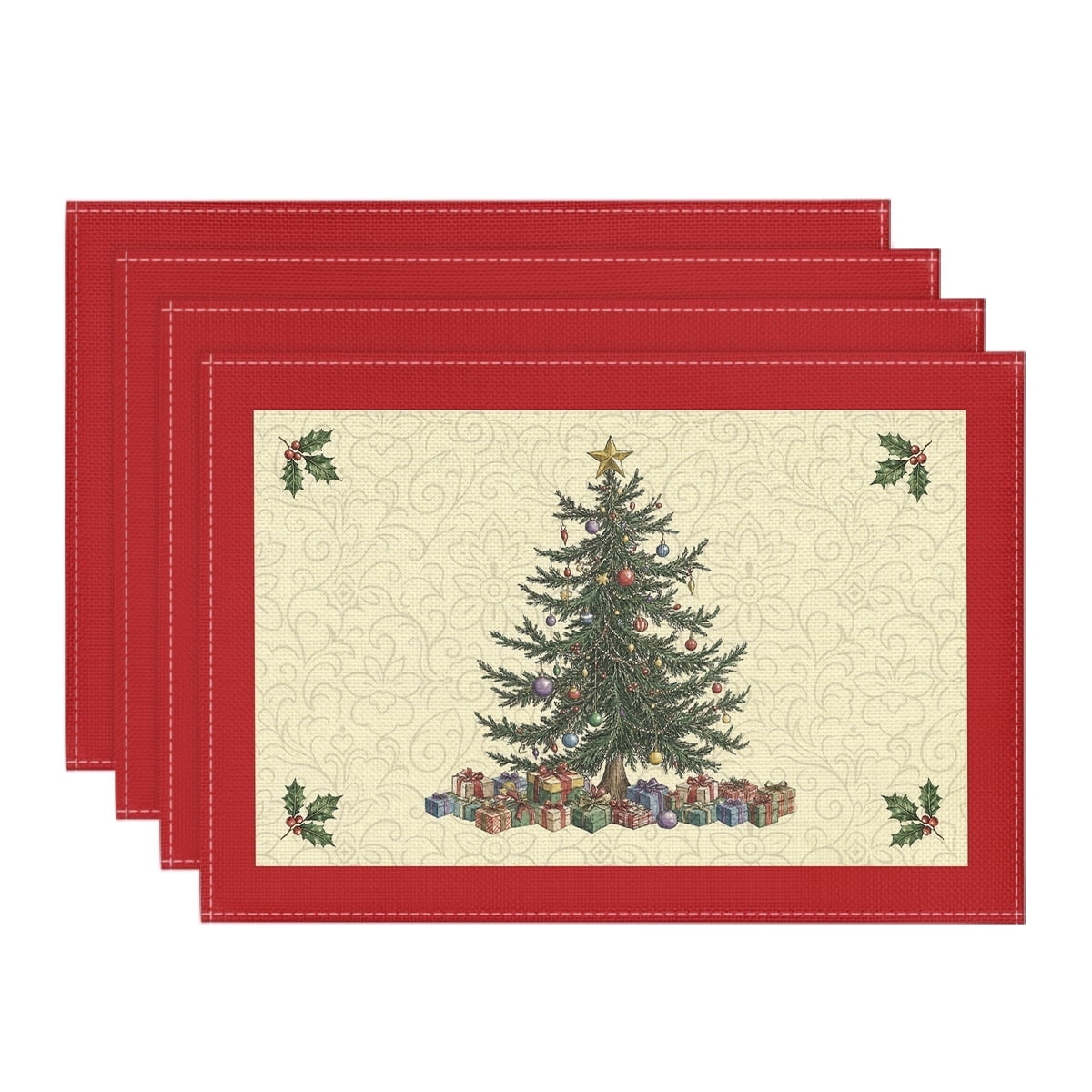 Sm:)e Simple Vintage Christmas Tree Gift Box Holly Christmas Placemats 12 x 18 Inch, Set of 4, Winter Table Decor Supplies for Kitchen Dining & Holiday Party, Red