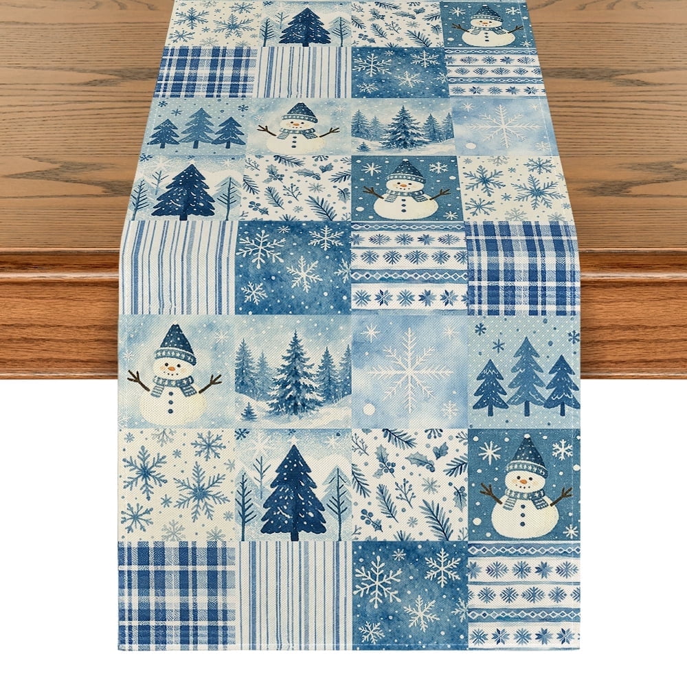 Sm:)e Blue Plaid, Pine Tree & Snowman Christmas Table Runner 13 x 72 Inch Farmhouse Table Decor, Universal for Indoor Outdoor Kitchen, Home & Party Decoration