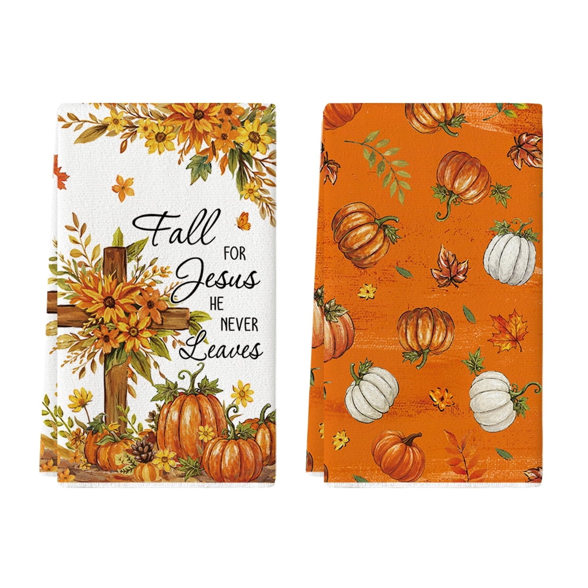 Sm:)e Cross Thanksgiving Pumpkins Bless This Home Flower Fall Dish Towels Set of 2, 18x26 Inch