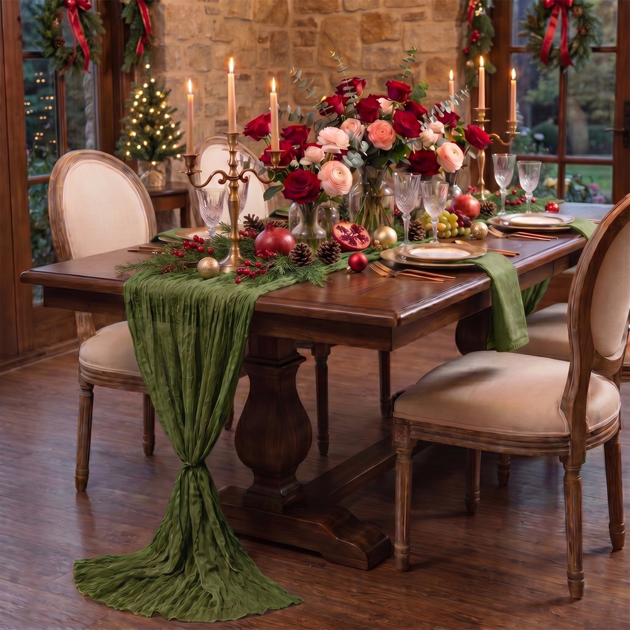 Sm:)e Boho Campsite Green Gauze Cheesecloth Table Runner 35x120 Inch, Multi-Purpose Decor for Kitchen Dining Wedding Holiday Party