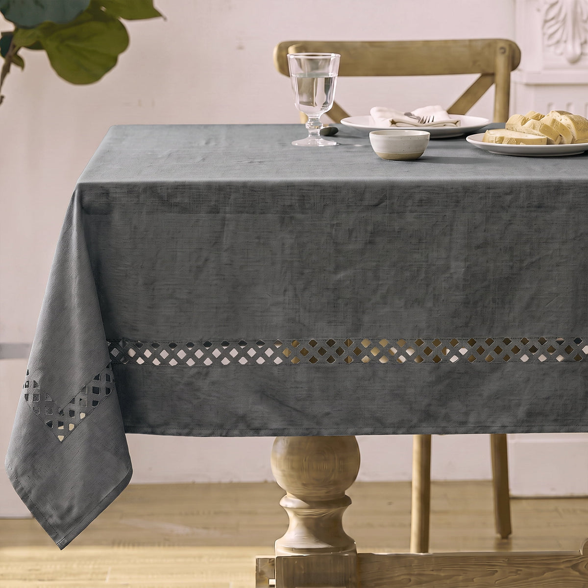 Sm:)e Fabric Openwork Farmhouse Style Linen Tablecloth 60 x 120 Inch Rectangle, with Decorative Cutouts, Dark Gray