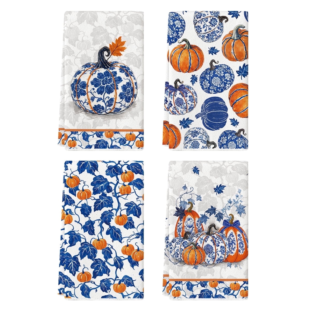 Sm:)e Pumpkins Maple Leaf Blue and White Porcelain Fall Dish Towels Set of 4, 18x26 Inch