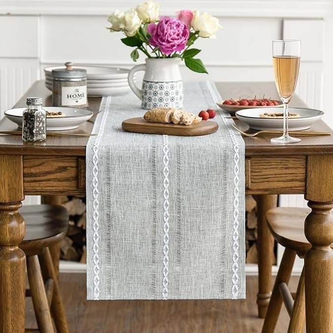 Sm:)e Linen Table Runner for Dining Table 13 x 90 Inch Light Gray Burlap Linen Style Rustic Farmhouse Kitchen Dining Room Decoraton