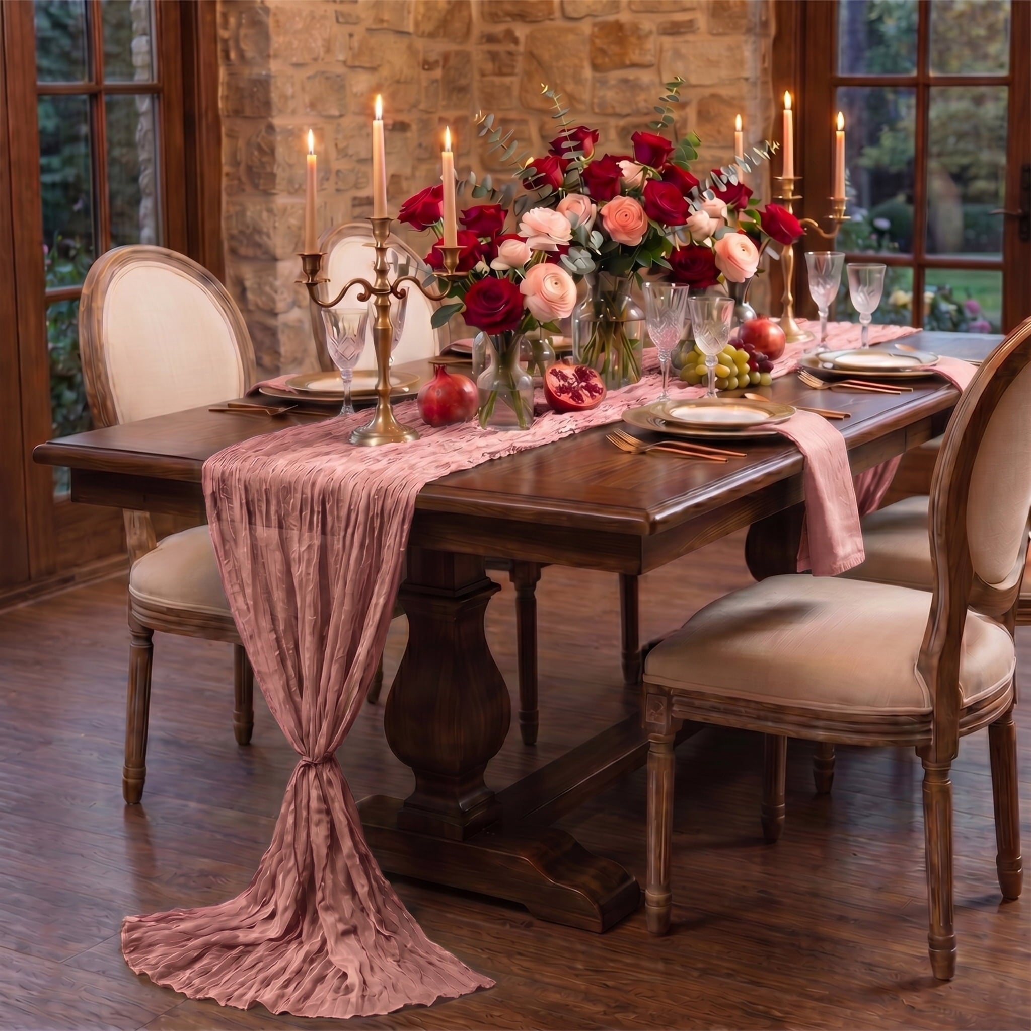 Sm:)e Boho Dry Rose Gauze Cheesecloth Table Runner 35x120 Inch, Multi-Purpose Decor for Kitchen Dining Wedding Holiday Party