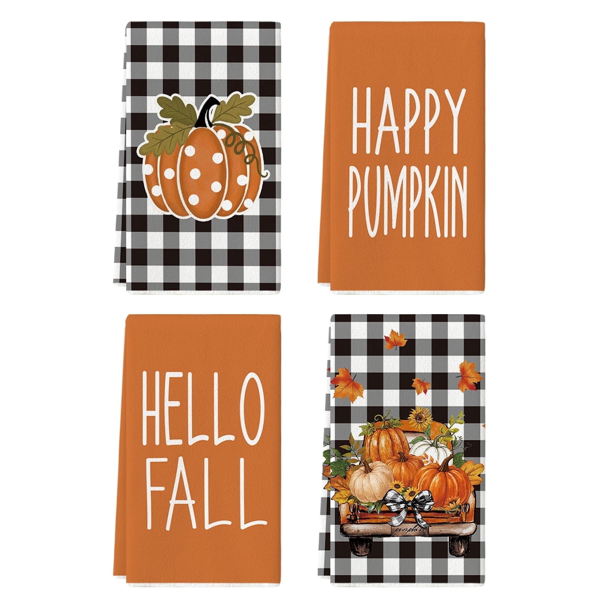 Sm:)e Striped Hello Pumpkin Maple Leaf Happy Fall Kitchen Dish Towels 4 Set 18 x 26 Inch